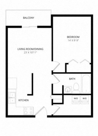 Floor plan for 1 bed, 1 bath, 796 sqft